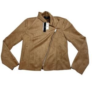 Tahari Faux Suede Moto Jacket Womens Small Asymmetrical Zip Brown New